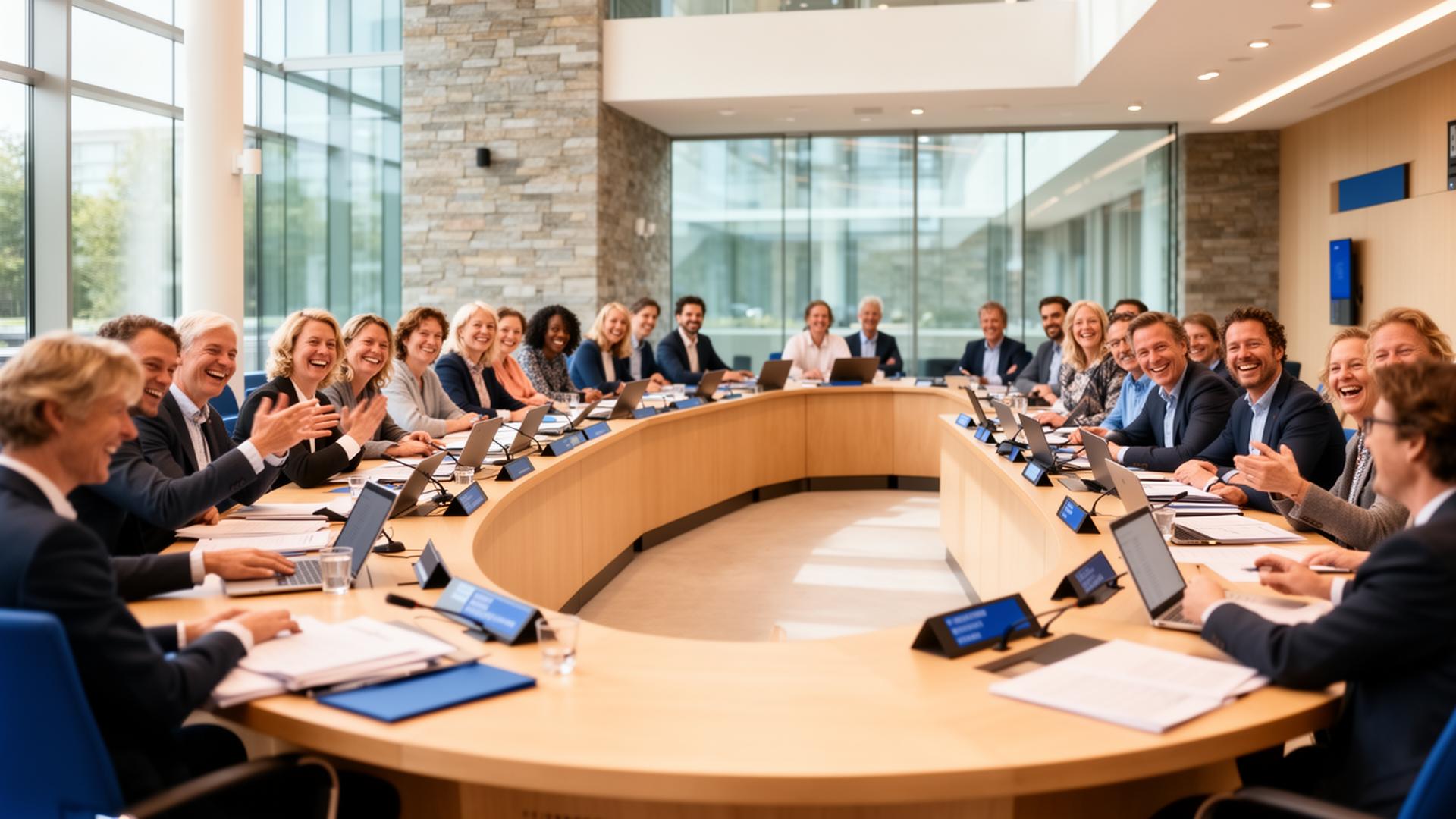 Gemeenteraadsvergadering in een modern Nederlands gemeentehuis